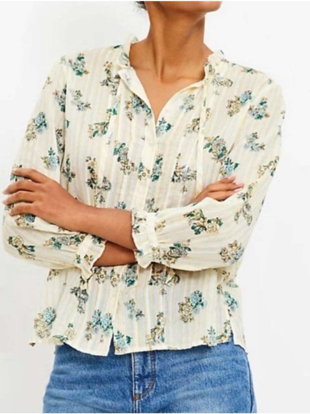 LOFT Pale Yellow Floral Striped Pintucked Neck Tie Neck Blouse Size Medium